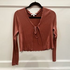 Tie front top- pink, ribbed